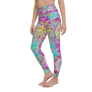 Yoga Leggings for Women, Psychedelic Abstract Magenta and Aqua Garden Collage