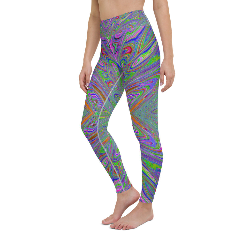 Yoga Leggings for Women, Abstract Trippy Purple, Orange and Lime Green Butterfly