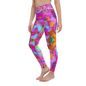 Yoga Leggings for Women, Hydrangea Flower Petals in Aqua, Magenta and Orange