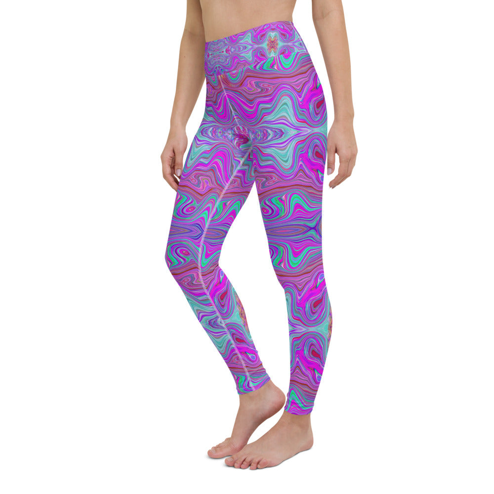 Yoga Leggings for Women, Wavy Magenta and Green Trippy Marbled Pattern