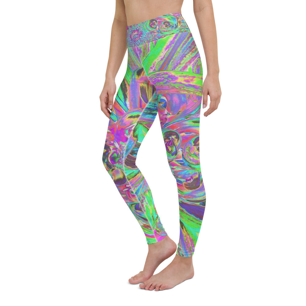 Yoga Leggings for Women, Festive Colorful Psychedelic Dahlia Flower Petals