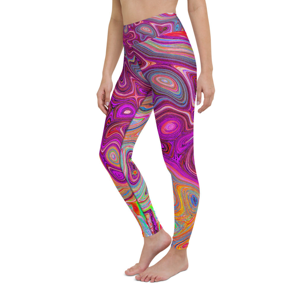 Yoga Leggings for Women, Trippy Abstract Cool Magenta Rainbow Colors Retro Art