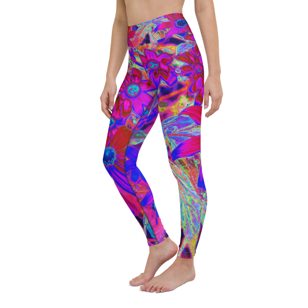 Floral Yoga Leggings for Women, Psychedelic Retro Crimson and Magenta Wildflowers