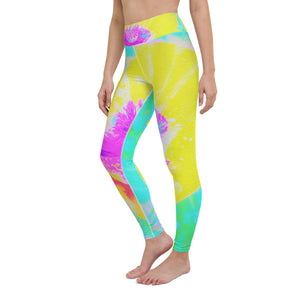 Yoga Leggings for Women, Yellow Poppy with Hot Pink Center on Turquoise