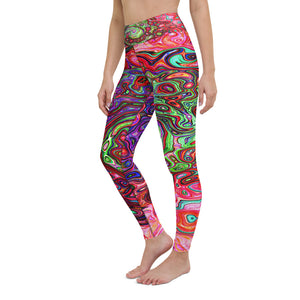 Yoga Leggings for Women, Watercolor Red Groovy Abstract Retro Liquid Swirl