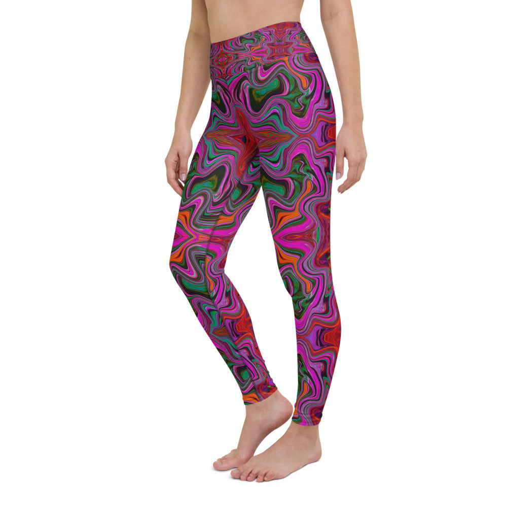 Yoga Leggings for Women, Cool Trippy Magenta, Red and Green Wavy Pattern