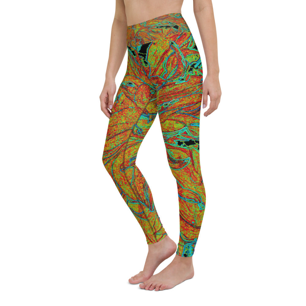 Yoga Leggings for Women, Abstract Burnt Orange and Green Dahlia Bloom