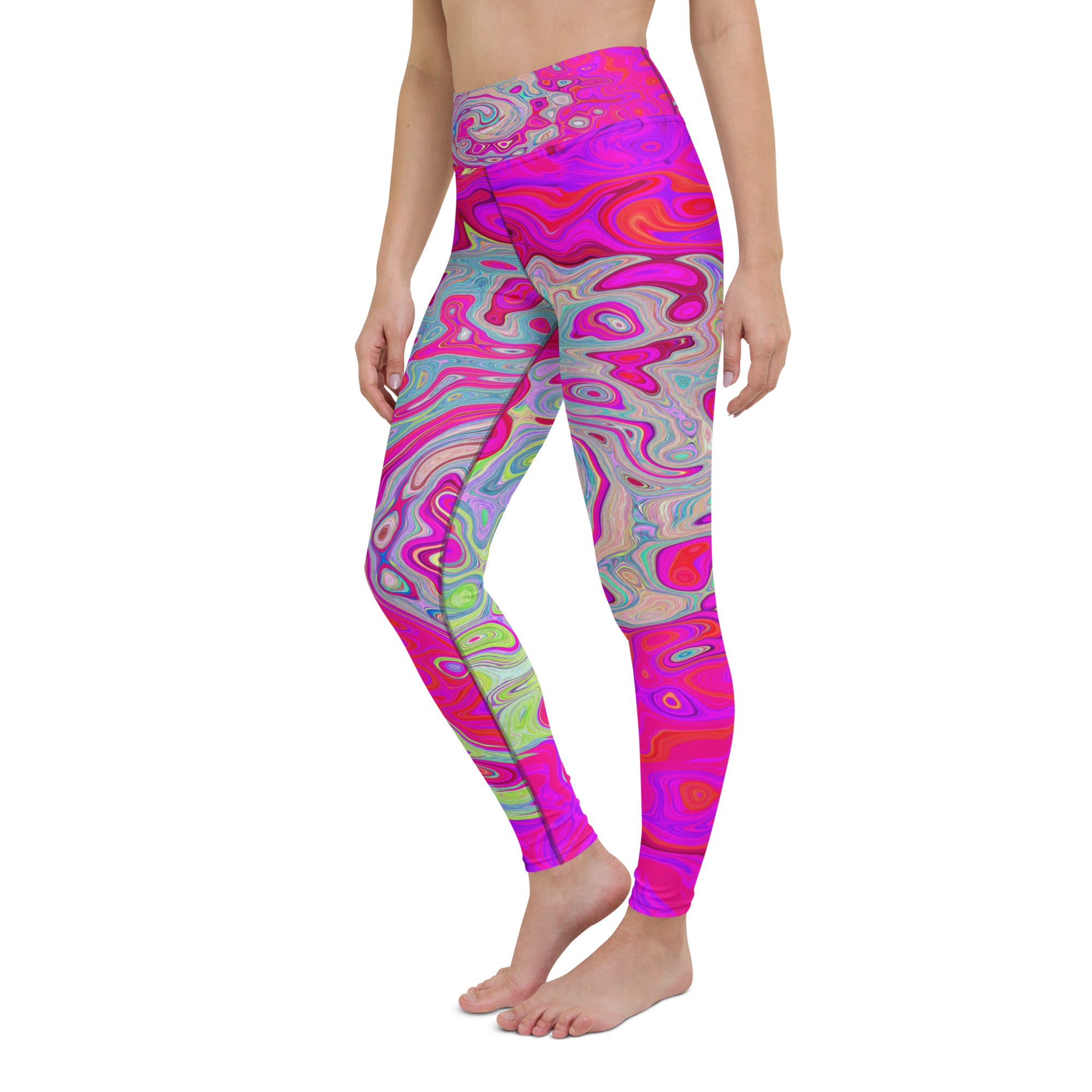 Yoga Leggings, Groovy Abstract Teal Blue and Red Swirl