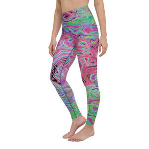 Yoga Leggings, Pink and Lime Green Groovy Abstract Retro Swirl