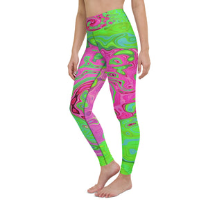 Yoga Leggings, Groovy Abstract Green and Red Lava Liquid Swirl