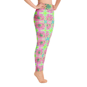 Yoga Leggings for Women, Sedum Rosette Pattern in Lime Green and Pink