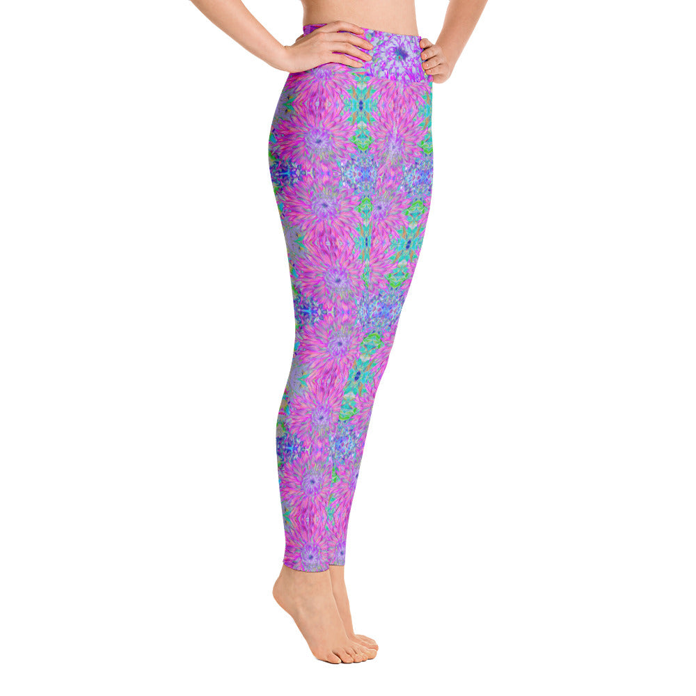 Yoga Leggings for Women, Abstract Dahlia Bloom Pattern in Purple and Pink