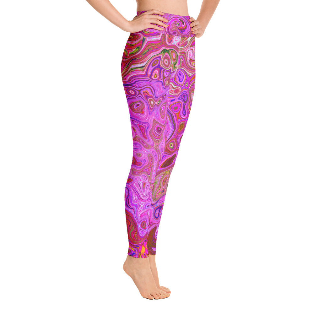 Yoga Leggings for Women, Hot Pink Marbled Colors Abstract Retro Swirl