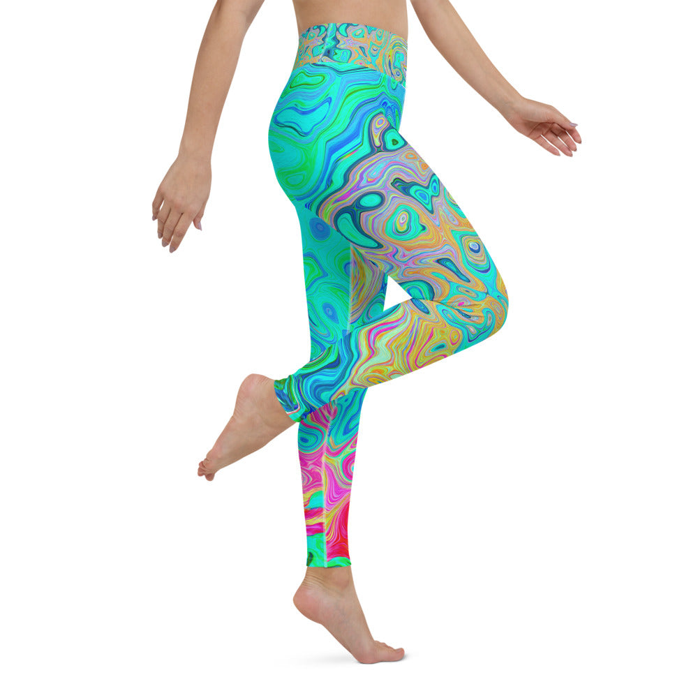 Yoga Leggings for Women, Groovy Abstract Retro Rainbow Liquid Swirl