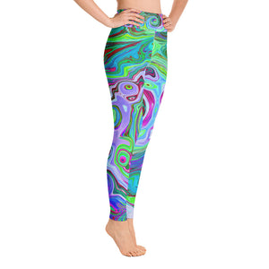 Yoga Leggings for Women, Retro Green, Red and Magenta Abstract Groovy Swirl