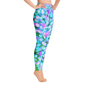 Yoga Leggings for Women, Blue and Hot Pink Succulent Sedum Flowers Detail