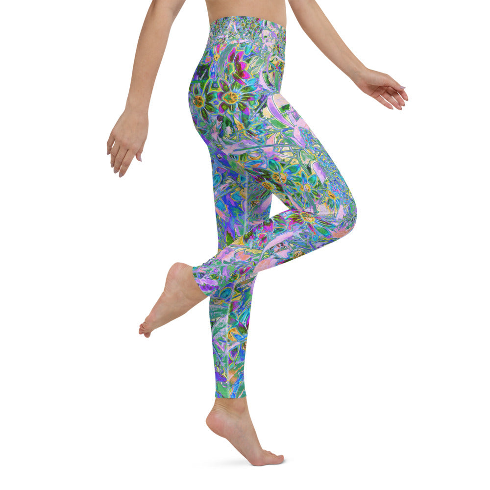 Yoga Leggings for Women, Retro Purple, Green and Blue Wildflowers on Pink