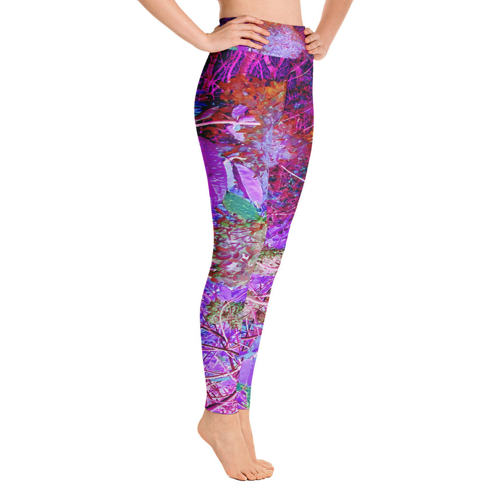 Yoga Leggings, Spooky Abstract Orange and Purple Hydrangea Landscape