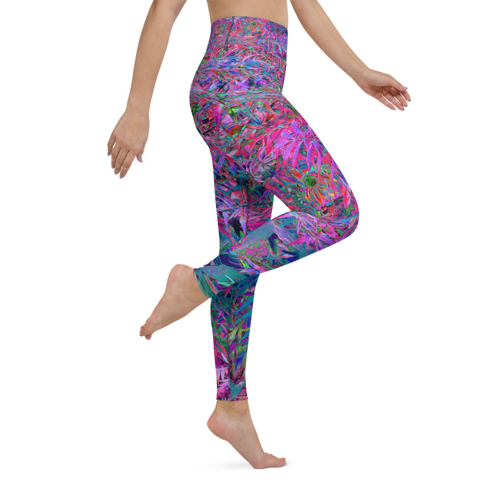 Yoga Leggings for Women, Abstract Psychedelic Rainbow Colors Foliage Garden