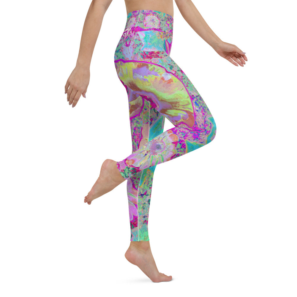 Yoga Leggings for Women, Psychedelic Abstract Magenta and Aqua Garden Collage
