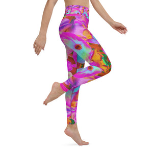 Yoga Leggings for Women, Hydrangea Flower Petals in Aqua, Magenta and Orange