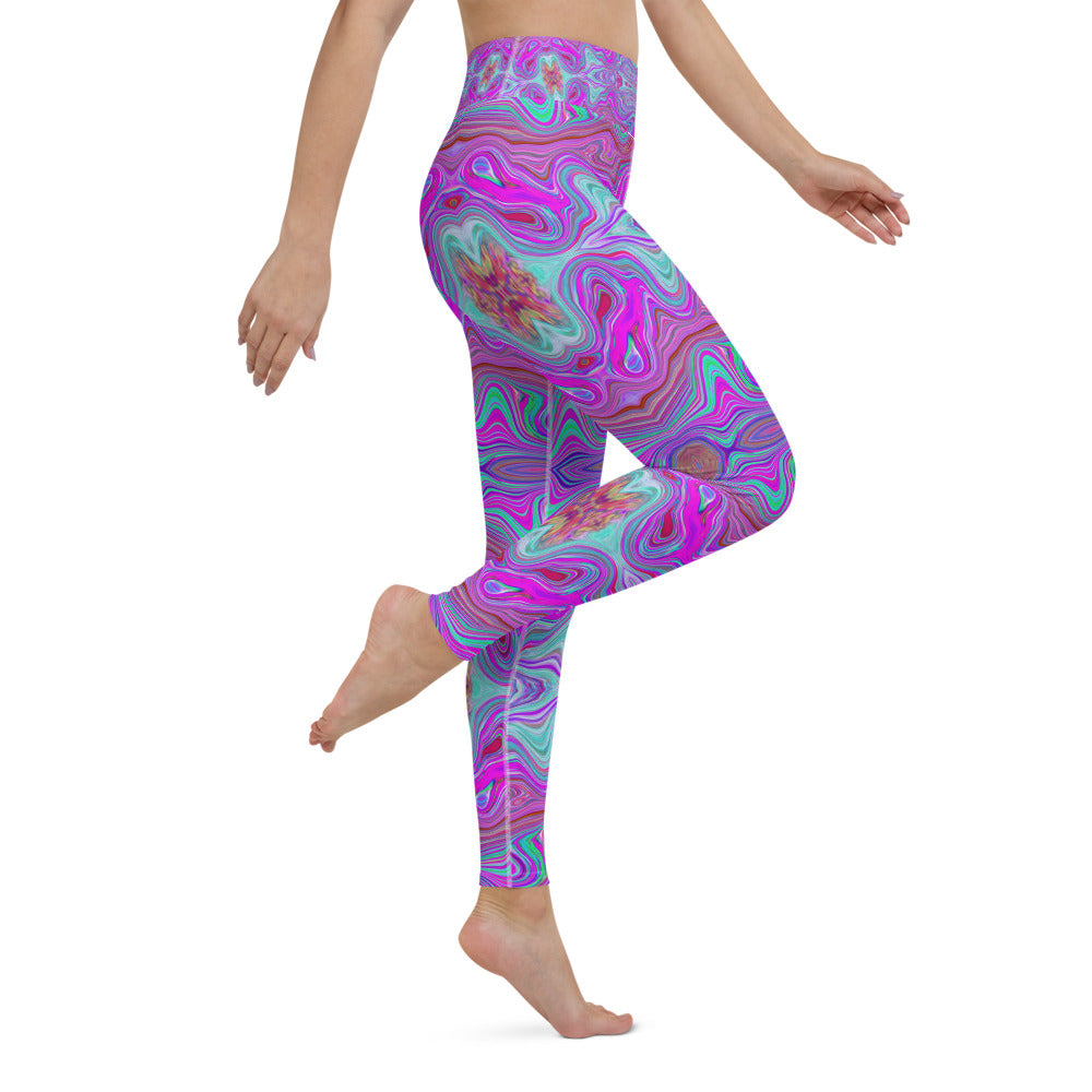 Yoga Leggings for Women, Wavy Magenta and Green Trippy Marbled Pattern