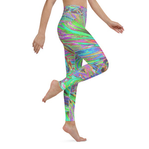 Yoga Leggings for Women, Festive Colorful Psychedelic Dahlia Flower Petals