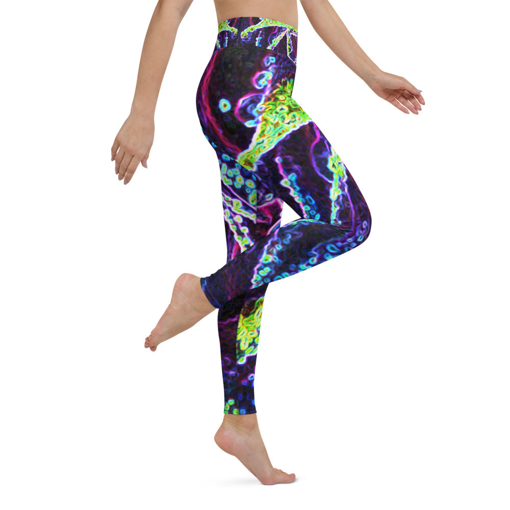 Yoga Leggings for Women, Graphic Black White Blue and Green Rose Detail