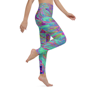 Colorful Yoga Leggings, Aquamarine Rainbow Color Abstract Dahlia Flower