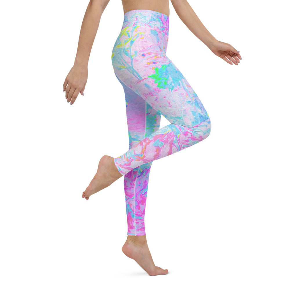 Yoga Leggings for Women, Aqua Blue and Hot Pink Hydrangea Landscape