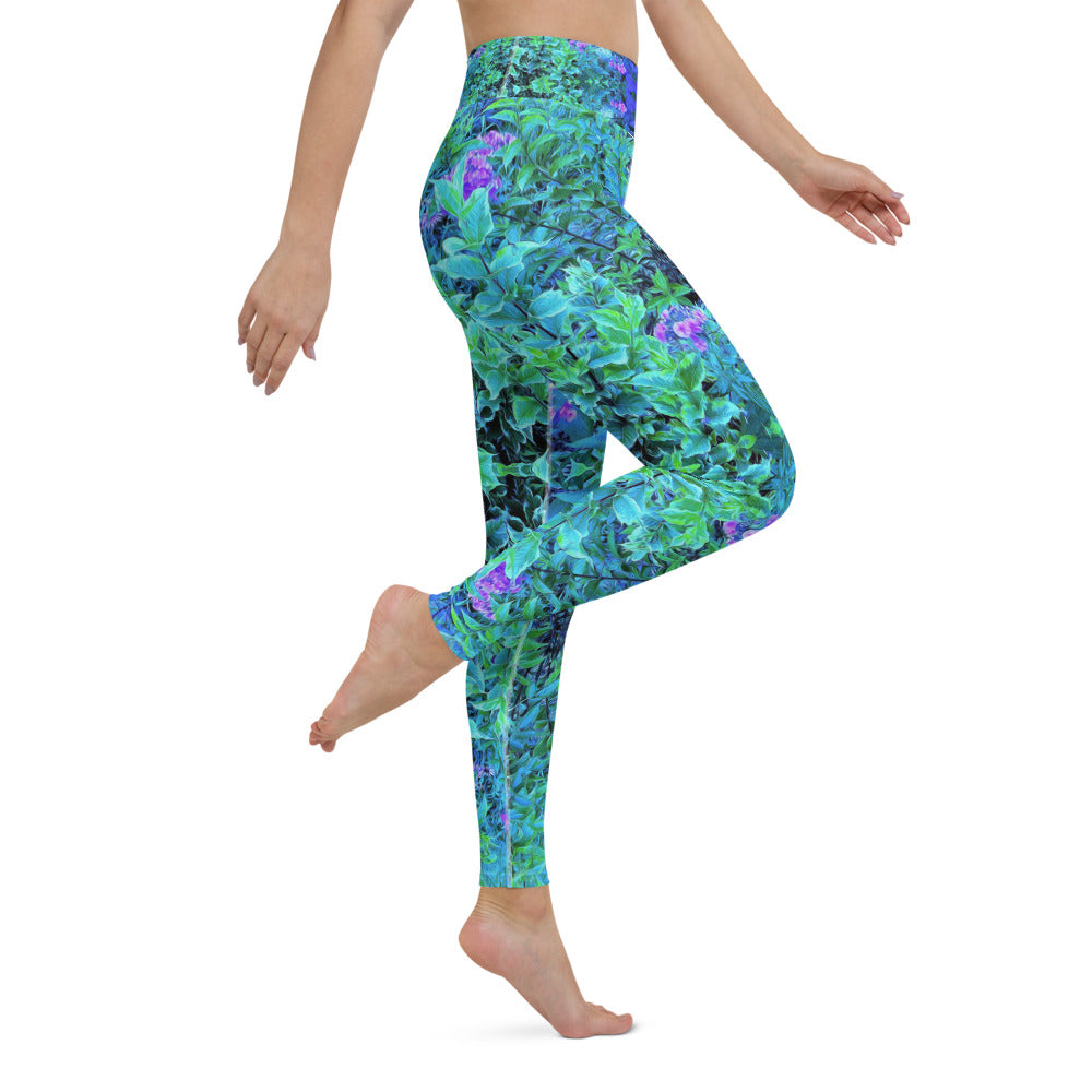 Colorful Floral Yoga Leggings, Abstract Chartreuse and Blue Garden Foliage Pattern