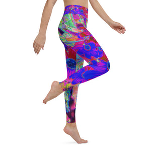 Floral Yoga Leggings for Women, Psychedelic Retro Crimson and Magenta Wildflowers