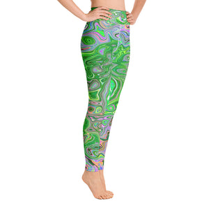 Colorful Groovy Yoga Leggings, Trippy Lime Green and Pink Abstract Retro Swirl