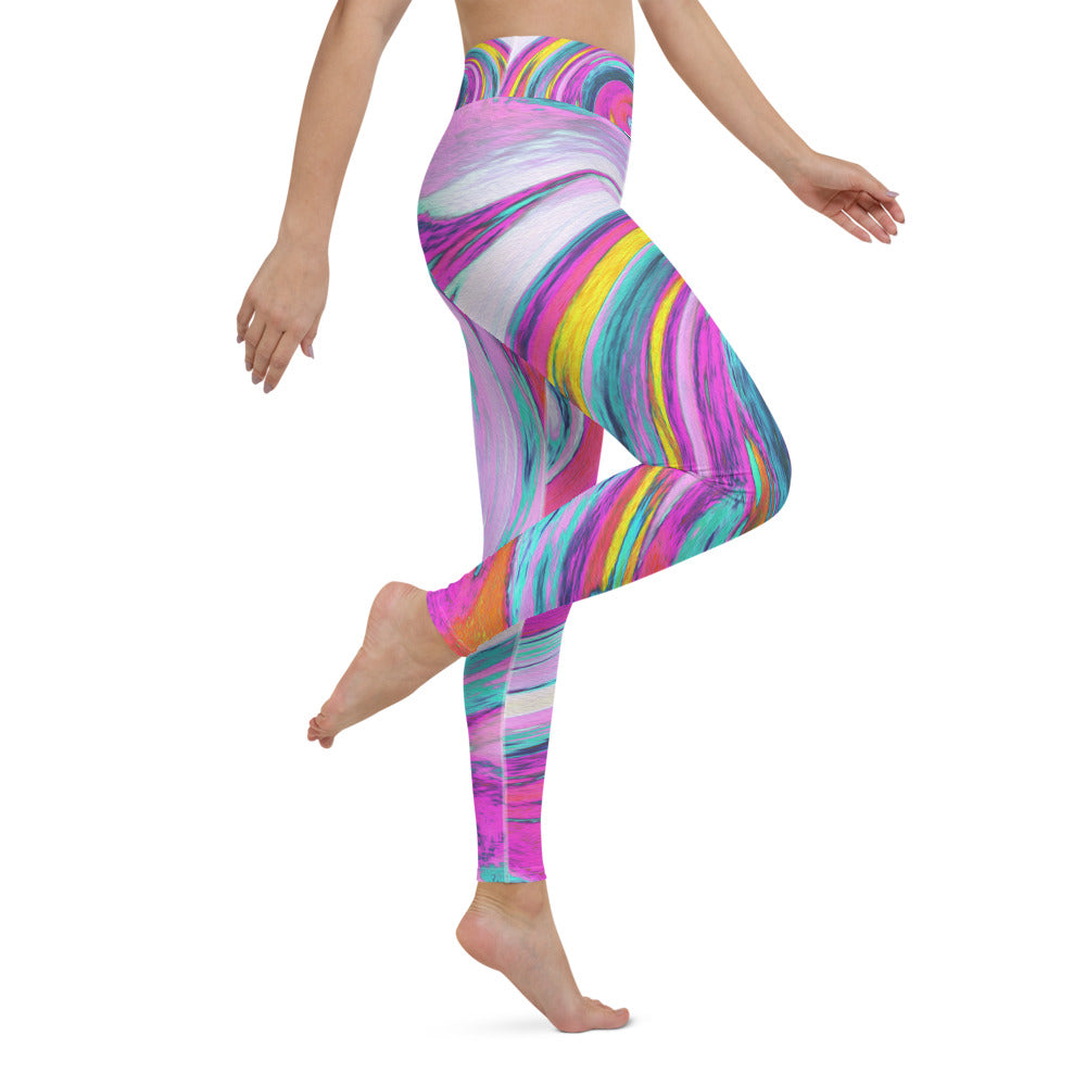 Yoga Leggings for Women, Cool Retro Magenta, Pink and Blue Liquid Art Swirl