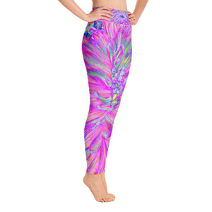 Yoga Leggings for Women, Cool Pink Blue and Purple Artsy Dahlia Bloom