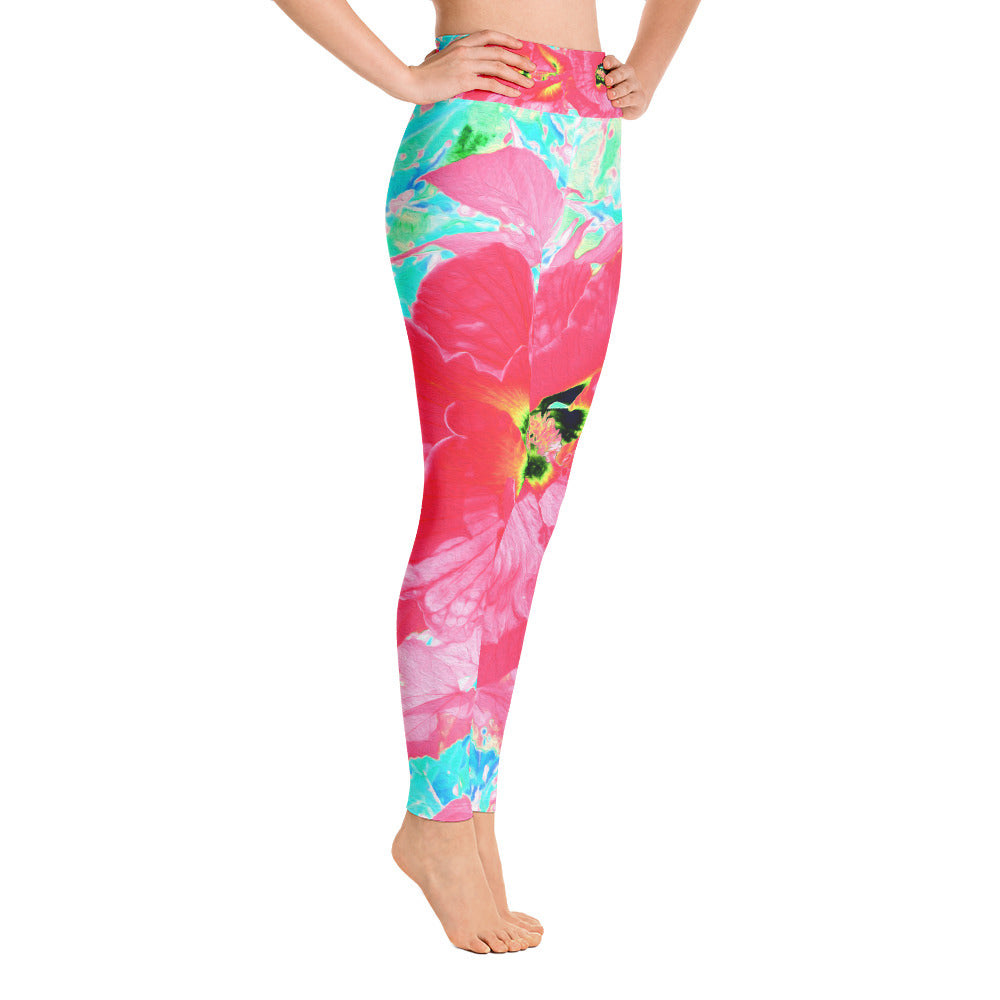 Floral Yoga Leggings for Women, Two Rosy Red Coral Plum Crazy Hibiscus on Aqua
