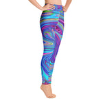 Yoga Leggings for Women, Blue, Pink and Purple Groovy Abstract Retro Art