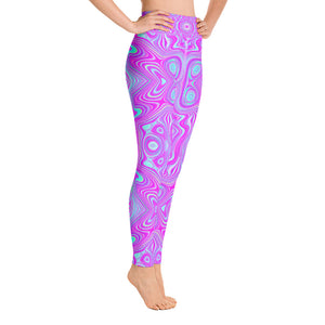 Yoga Leggings for Women, Trippy Hot Pink and Aqua Blue Abstract Pattern