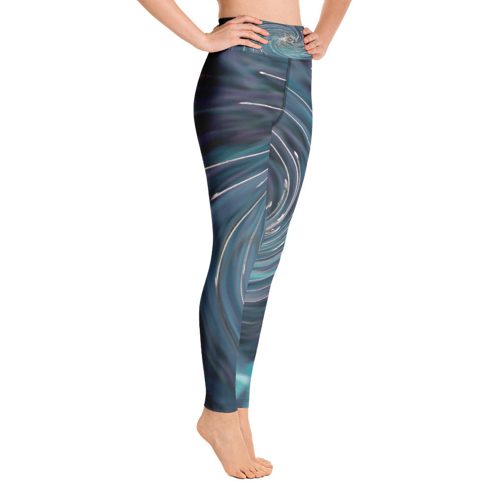 Yoga Leggings for Women, Cool Abstract Retro Black and Teal Cosmic Swirl
