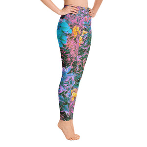 Yoga Leggings for Women, Abstract Coral, Pink, Green and Aqua Garden Foliage