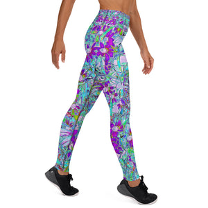 Yoga Leggings for Women, Aqua Garden with Violet Blue and Hot Pink Flowers