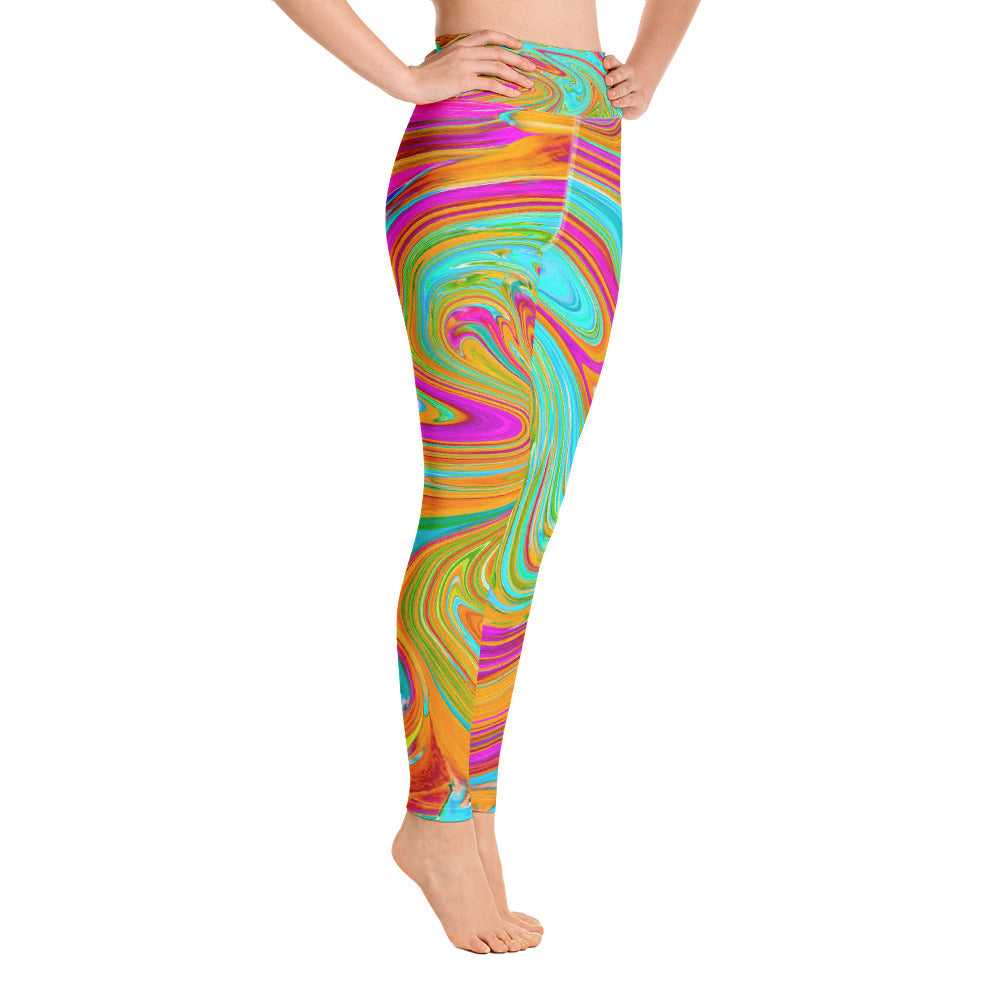 Yoga Leggings for Women, Blue, Orange and Hot Pink Groovy Abstract Retro Art