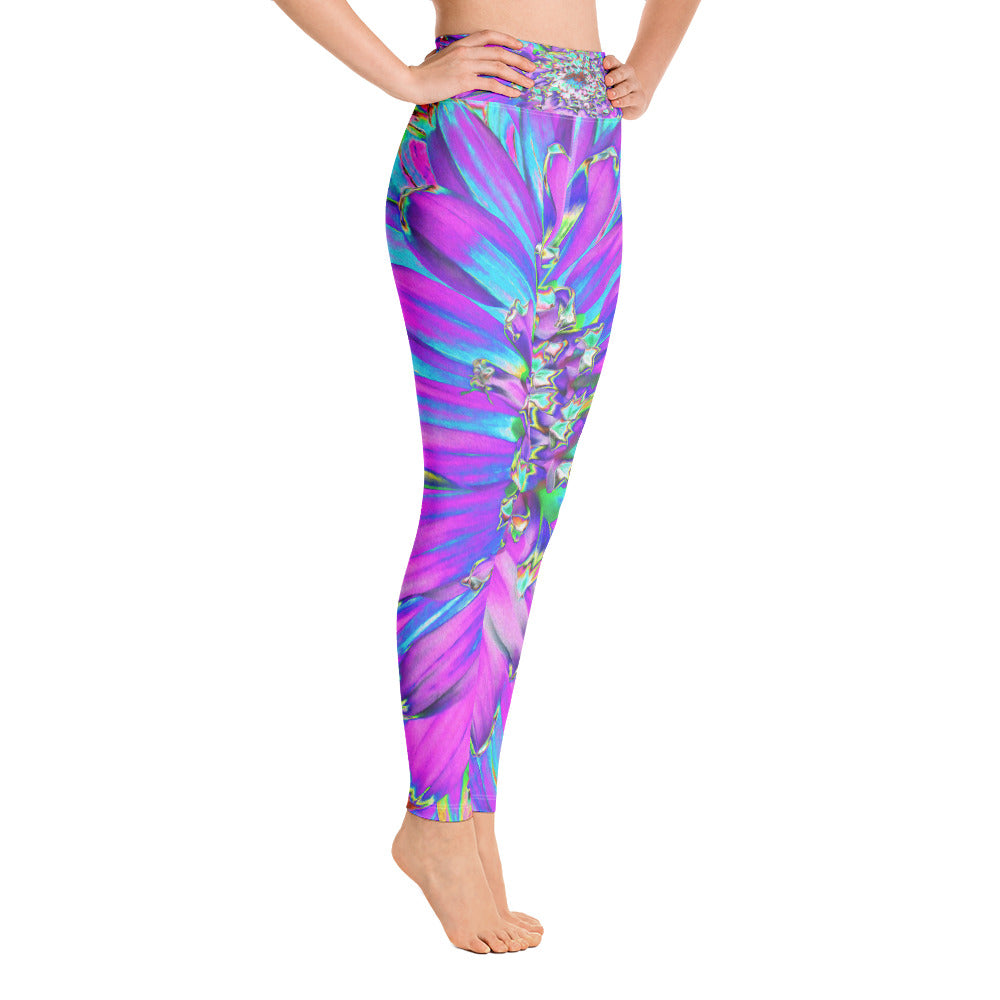 Yoga Leggings for Women, Trippy Abstract Aqua, Lime Green and Purple Dahlia