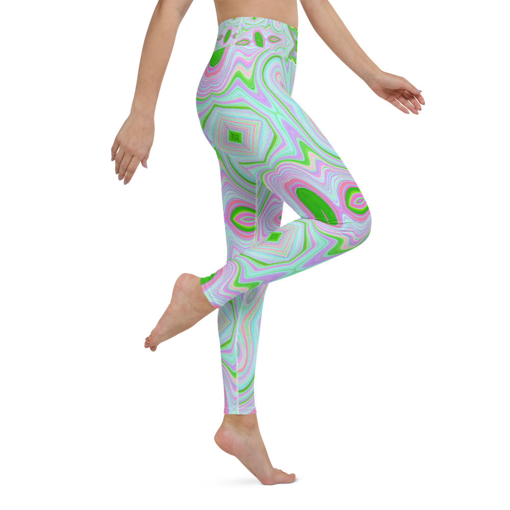 Yoga Leggings for Women, Retro Abstract Pink, Lime Green and Aqua Pattern