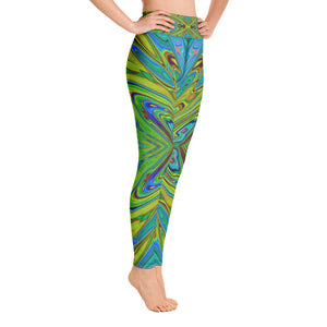 Yoga Leggings for Women, Trippy Chartreuse and Blue Abstract Butterfly