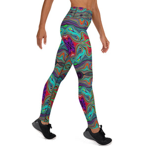 Yoga Leggings for Women, Wavy Sea Foam Green and Red Trippy Pattern