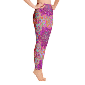 Yoga Leggings for Women, Abstract Magenta, Pink, Blue and Red Groovy Pattern