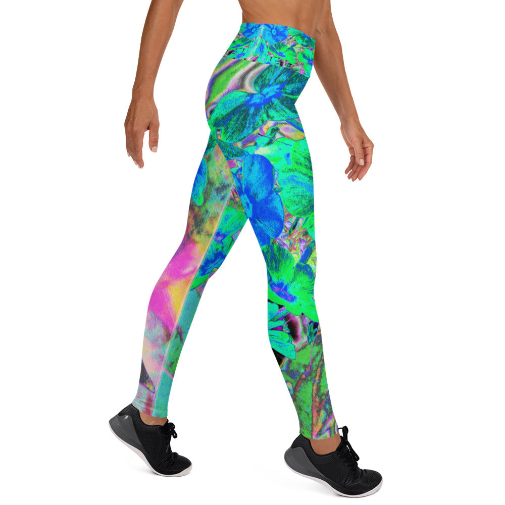 Yoga Leggings for Women, Psychedelic Trippy Lime Green and Blue Flowers