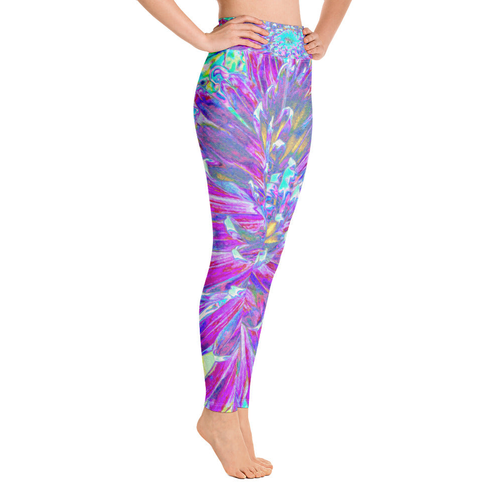 Yoga Leggings for Women, Purple and Robin's Egg Blue Decorative Dahlia