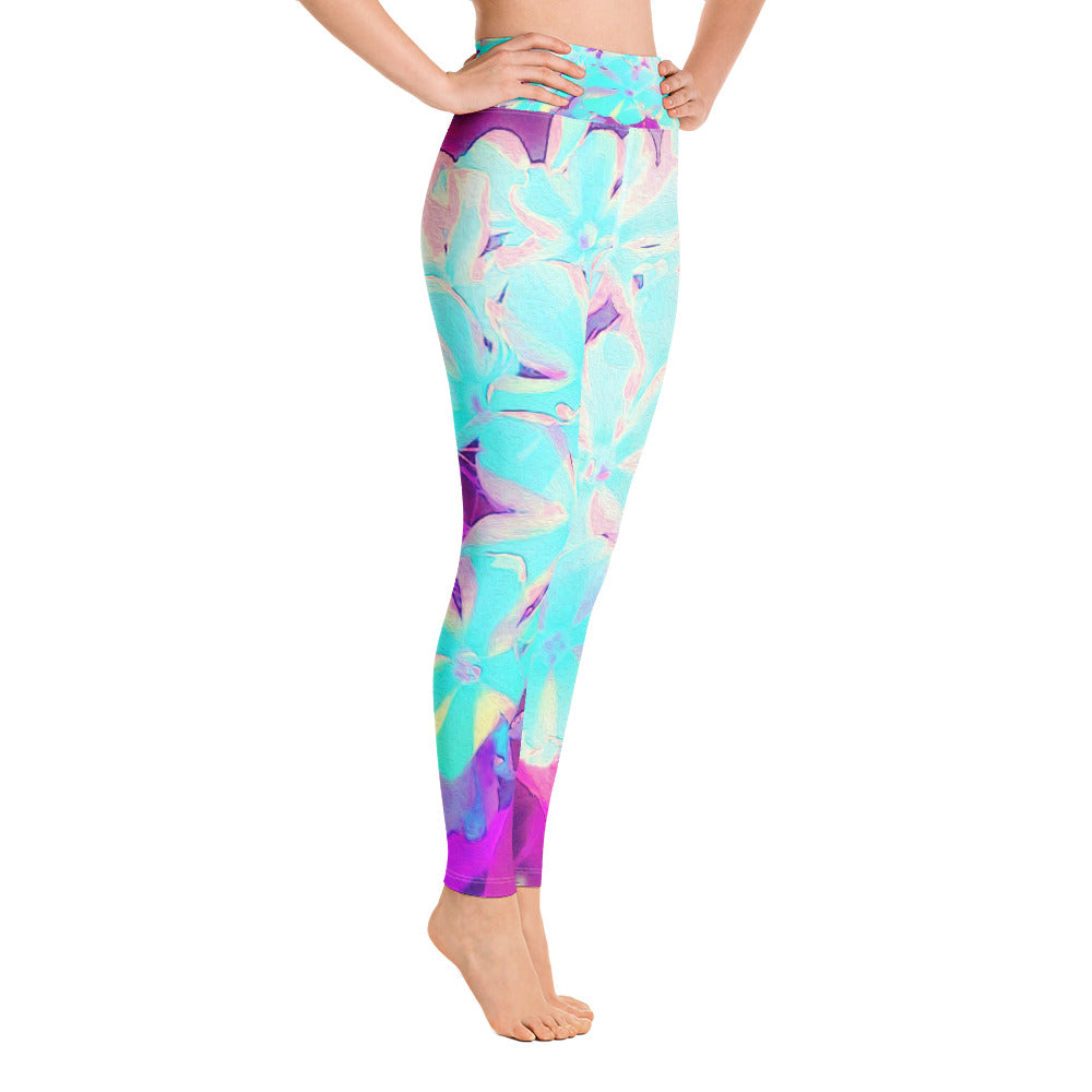 Yoga Leggings for Women, Robin's Egg Blue Peppermint Twist Phlox Flowers